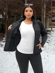 Muchica Women's Plus-Size Casual, Versatile, Zip-Up Stand-Collar Padded Coat With Hidden Pockets For Autumn And Winter. - Black - View 7