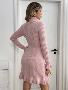 Breezaya Women's Sweet Vacation Cable Knit Waist-Cinched Sweater Dress - Pink - View 2
