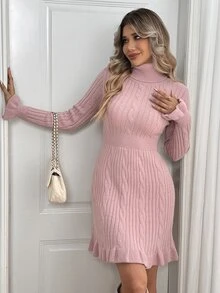 Breezaya Women's Sweet Vacation Cable Knit Waist-Cinched Sweater Dress - Pink - View 4