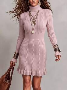 Breezaya Women's Sweet Vacation Cable Knit Waist-Cinched Sweater Dress - Pink - View 1