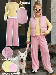 SHEIN Elladie kids 青少年女孩歐美休閒運動可愛3件套，純色粉色立領棉背心、白色T恤、寬腿褲，秋季校園風 - 彩色 - 查看 6