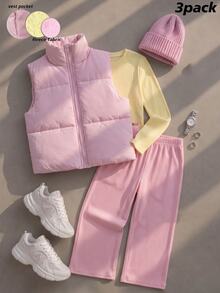SHEIN Elladie kids 青少年女孩歐美休閒運動可愛3件套，純色粉色立領棉背心、白色T恤、寬腿褲，秋季校園風 - 彩色 - 查看 5