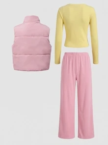SHEIN Elladie kids 青少年女孩歐美休閒運動可愛3件套，純色粉色立領棉背心、白色T恤、寬腿褲，秋季校園風 - 彩色 - 查看 3