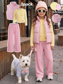 SHEIN Elladie kids 青少年女孩歐美休閒運動可愛3件套，純色粉色立領棉背心、白色T恤、寬腿褲，秋季校園風 - 彩色 - 查看 7