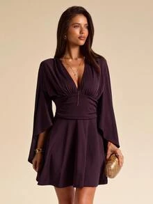 SHEIN BAE Fall Purple Deep V Neck Flare Sleeve Ruched Waist Elegant A Line Mini Dress French Party Date Night Homecoming Wedding Guest - Brown - View 4