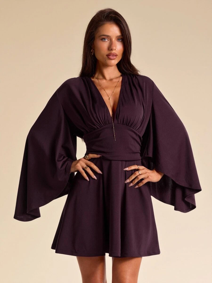 SHEIN BAE Fall Purple Deep V Neck Flare Sleeve Ruched Waist Elegant A Line Mini Dress French Party Date Night Homecoming Wedding Guest - Brown - View 1