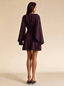 SHEIN BAE Fall Purple Deep V Neck Flare Sleeve Ruched Waist Elegant A Line Mini Dress French Party Date Night Homecoming Wedding Guest - Brown - View 2