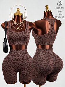 Mistrie Brown Leopard Print Mesh Yoga & Fitness Seamless Workout Set - Brown - View 2