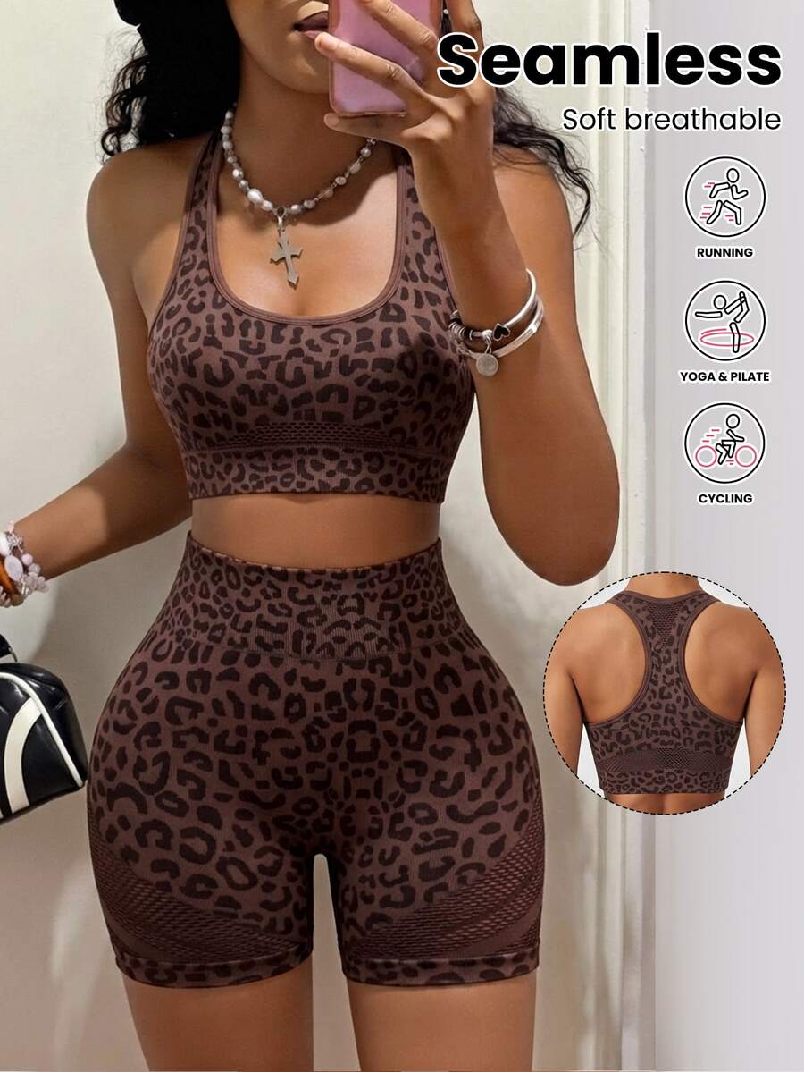 Mistrie Brown Leopard Print Mesh Yoga & Fitness Seamless Workout Set - Brown - View 1