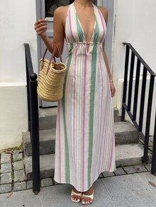 Sunnyshic Vestido largo de verano colorido para mujer, de algodón a rayas, con escote en V profundo, cuello halter, espalda abierta con lazo, cintura ceñida, corte en A, bohemio vintage casual versátil para vacaciones y playa - Multicolor - Ver 4