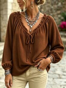EMERY ROSE Plus Size Lady's Elegant Fall Long-Sleeved T-Shirt - Brown - View 3