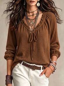 EMERY ROSE Plus Size Lady's Elegant Fall Long-Sleeved T-Shirt - Brown - View 1