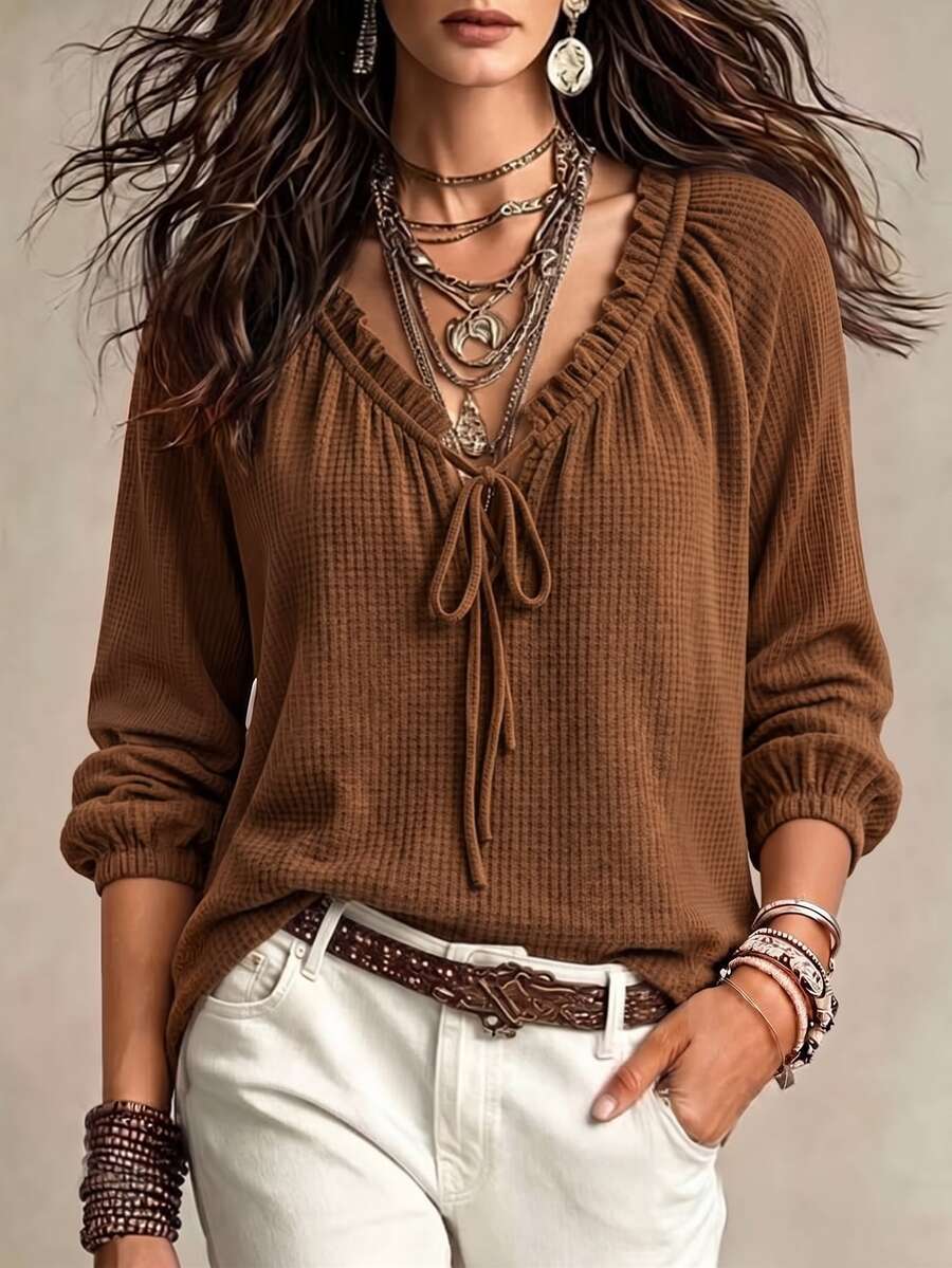 EMERY ROSE Plus Size Lady's Elegant Fall Long-Sleeved T-Shirt - Brown - View 1