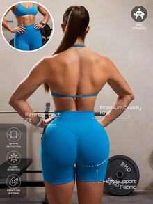 Solea Cove Solea Cove 女款無縫螺紋高彈力抓皺掛脖運動瑜伽內衣與高腰蜜桃臀提臀單車健身運動短褲 - 藍色 - 查看 2