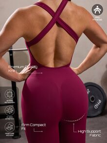 Solea Cove Solid Color Criss-Cross Back One-Piece Yoga Leggings For Women, Ruched V-Neck Open Back Cross Strap Sports Leggings, High Waist Butt-Lifting Flared Long Pants - Multicolor - View 2