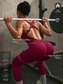 Solea Cove Solid Color Criss-Cross Back One-Piece Yoga Leggings For Women, Ruched V-Neck Open Back Cross Strap Sports Leggings, High Waist Butt-Lifting Flared Long Pants - Multicolor - View 7