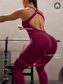 Solea Cove Solid Color Criss-Cross Back One-Piece Yoga Leggings For Women, Ruched V-Neck Open Back Cross Strap Sports Leggings, High Waist Butt-Lifting Flared Long Pants - Multicolor - View 6