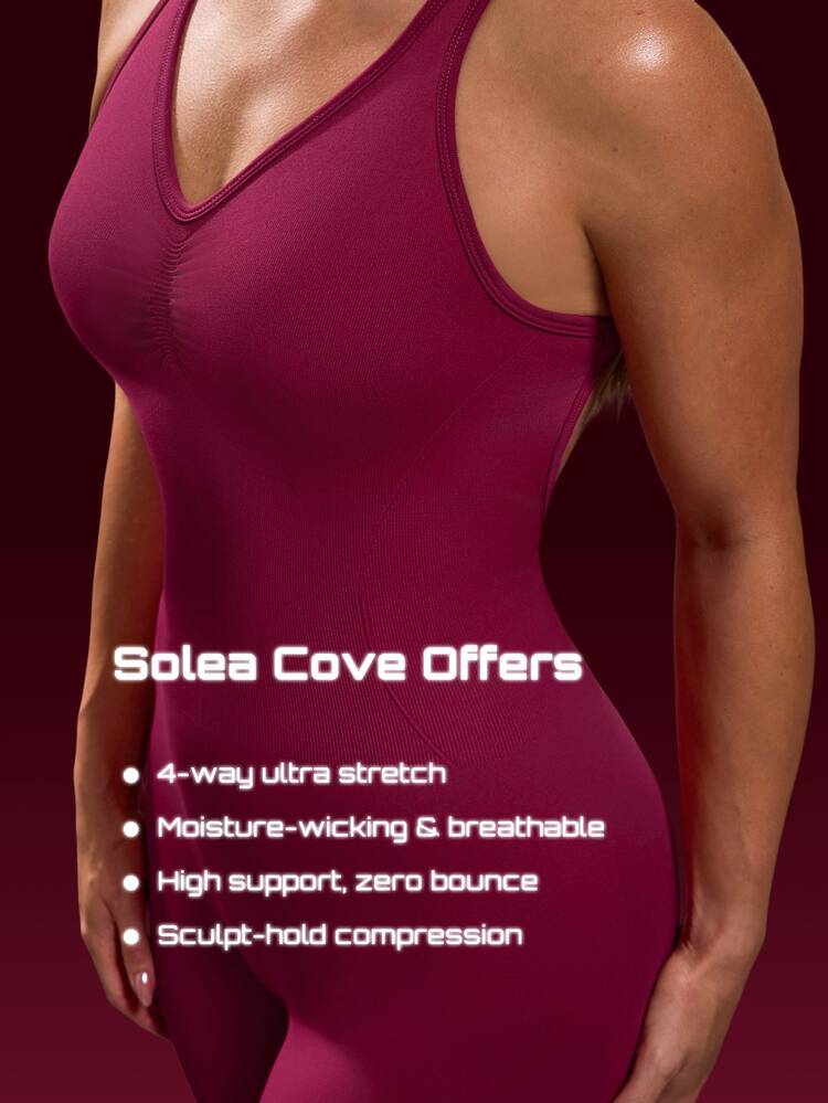 Solea Cove 女款純色交叉背一體式瑜伽緊身褲，抓皺V領露背交叉肩帶運動緊身褲，高腰提臀喇叭長褲 - 彩色 - 查看 8