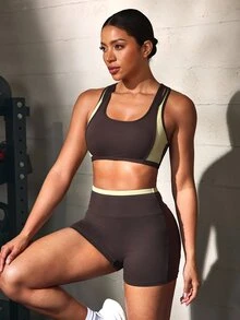 Solea Cove 2026 New Naked-Feel Brushed Fabric Brown & Yellow Colorblock Women's Sports Set - Multicolor - View 3