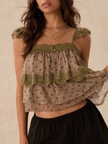 Easelle Women's Summer Elegant Polka Dot Print Lace Trim Camisole - Multicolor - View 3