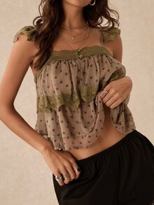 Easelle Women's Summer Elegant Polka Dot Print Lace Trim Camisole - Multicolor - View 7