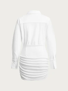 Olia Maree Women's Solid Color Long Sleeve Single-Breasted Pleated Shirt Dress - White - View 6