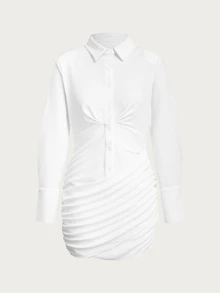 Olia Maree Women's Solid Color Long Sleeve Single-Breasted Pleated Shirt Dress - White - View 5