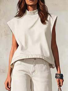 LUMIGAL Plus Size Women Solid Color Stand Collar Casual Versatile Denim Top - Beige - View 4