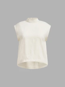 LUMIGAL Plus Size Women Solid Color Stand Collar Casual Versatile Denim Top - Beige - View 6