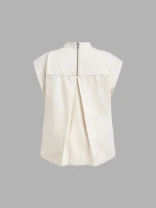 LUMIGAL Plus Size Women Solid Color Stand Collar Casual Versatile Denim Top - Beige - View 7