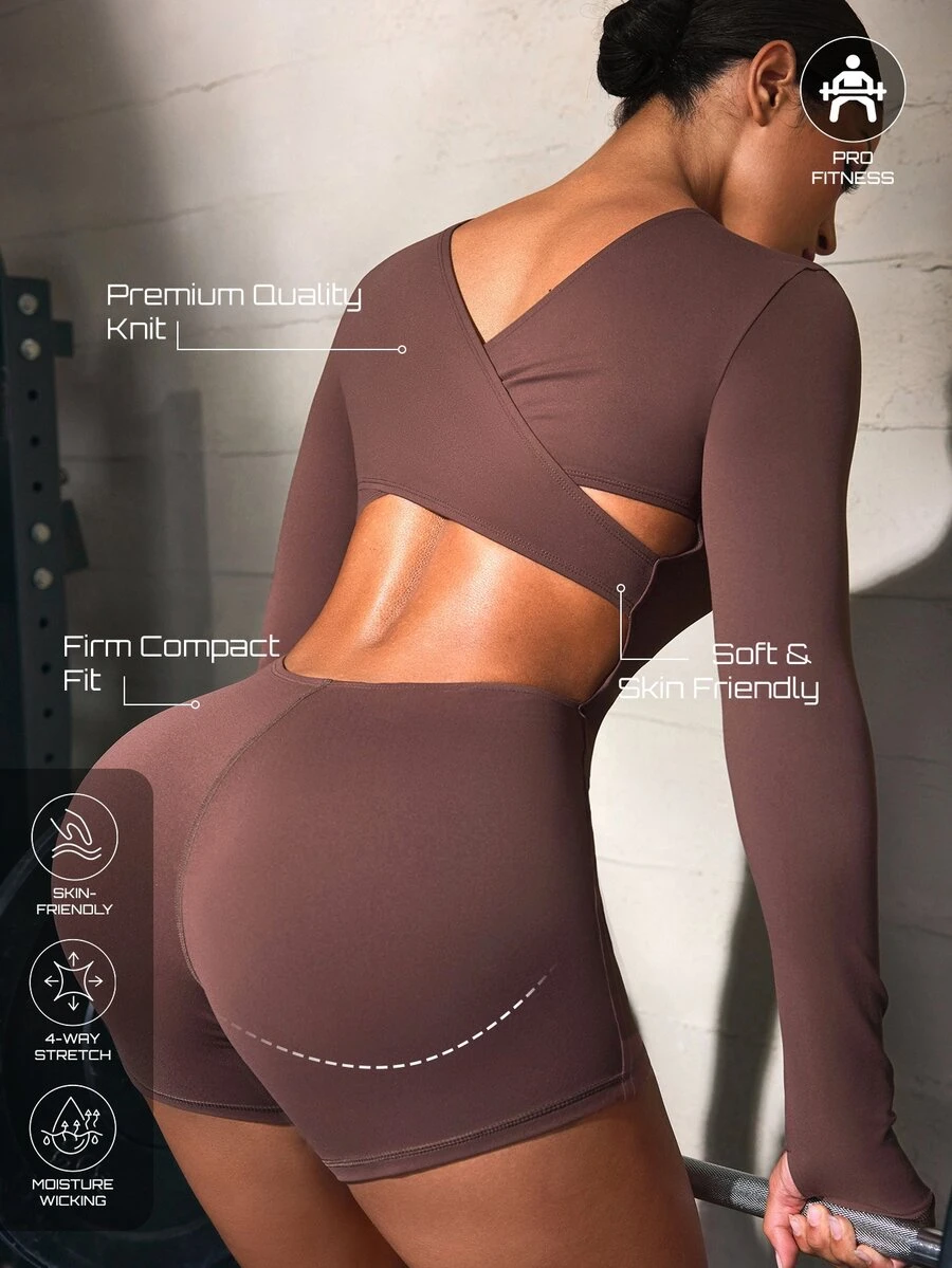 Solea Cove 2026 New Naked-Feel Brushed Fabric Brown Cross Back Open Back Sports One-Piece Jumpsuit - Multicolor - View 1