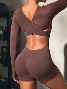 Solea Cove 2026 New Naked-Feel Brushed Fabric Brown Cross Back Open Back Sports One-Piece Jumpsuit - Multicolor - View 2
