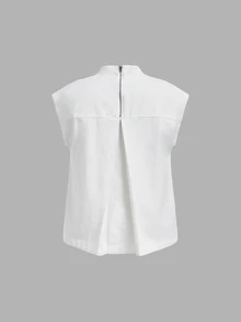 LUMIGAL Atasan Denim Kasual Longgar Lengan Pendek dengan Kerah Tegak untuk Wanita - Putih - View 5