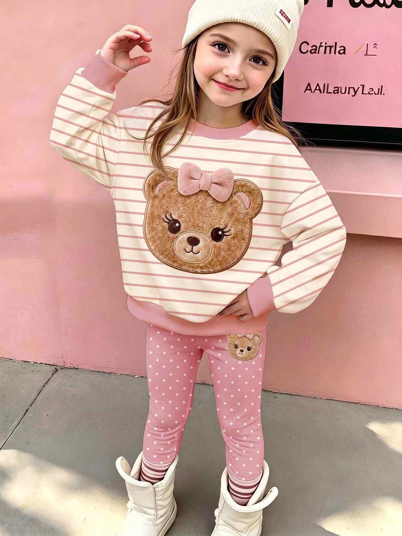 Young Girl Cartoon Bear Embroidered Striped Long Sleeve Sweatshirt And Polka Dot Print Leggings Casual Set - Multicolor - View 1
