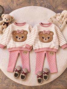 Bộ đồ thường ngày cho bé gái gồm áo nỉ tay dài kẻ sọc thêu gấu hoạt hình và quần legging in chấm bi - Nhiều màu - Xem 5