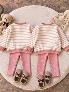 Bộ đồ thường ngày cho bé gái gồm áo nỉ tay dài kẻ sọc thêu gấu hoạt hình và quần legging in chấm bi - Nhiều màu - Xem 3