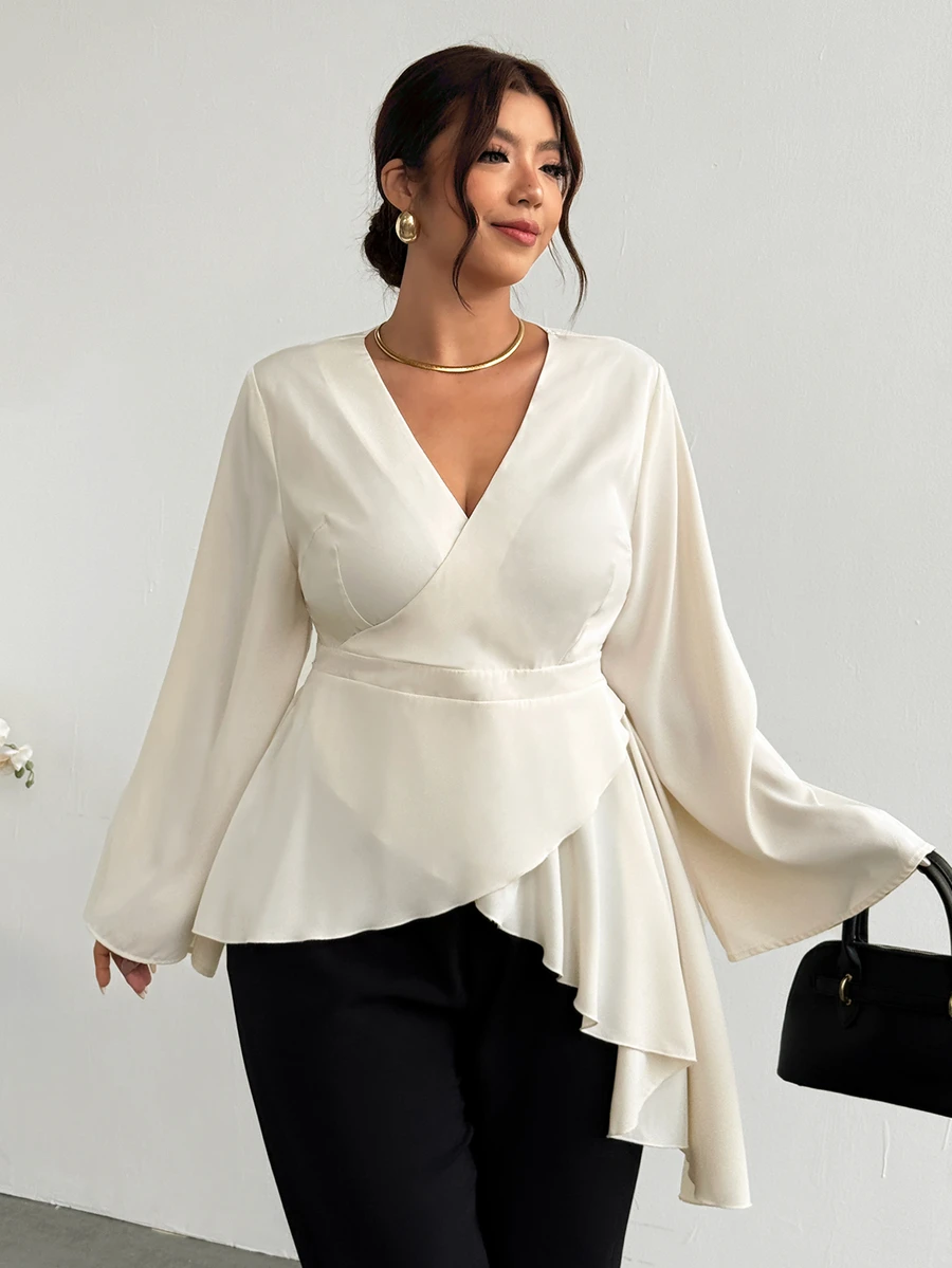 Firerie Plus Size Elegant Commuter Solid Color Wrap Asymmetric Hem Blouse Elegant Blouse For Women Fall/Winter Daily Vacation Going Out Vacation Party Blouse