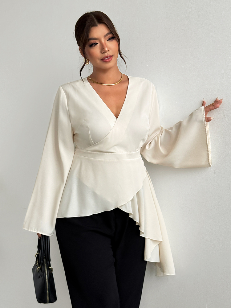 Firerie Plus Size Elegant Commuter Solid Color Wrap Asymmetric Hem Blouse Elegant Blouse For Women Fall/Winter Daily Vacation Going Out Vacation Party Blouse - Apricot - View 1