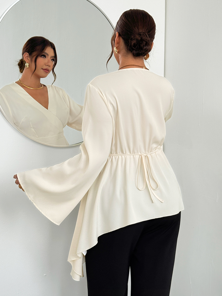 Firerie Plus Size Elegant Commuter Solid Color Wrap Asymmetric Hem Blouse Elegant Blouse For Women Fall/Winter Daily Vacation Going Out Vacation Party Blouse - Apricot - View 2