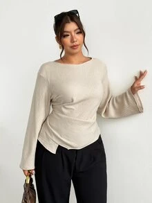 Firerie Plus Size Autumn Elegant Casual Solid Color Bell Sleeve Blouse Daily Formal Working Going Out Office Business Work Women Fall/Winter Teacher Wear Grey - Khaki - View 6