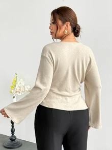 Firerie Plus Size Autumn Elegant Casual Solid Color Bell Sleeve Blouse Daily Formal Working Going Out Office Business Work Women Fall/Winter Teacher Wear Grey - Khaki - View 3