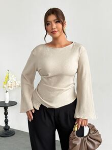 Firerie Plus Size Autumn Elegant Casual Solid Color Bell Sleeve Blouse Daily Formal Working Going Out Office Business Work Women Fall/Winter Teacher Wear Grey - Khaki - View 4