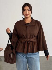 Firerie Plus Size Women's Long Sleeve Waist Tie Casual Commute Jacket Casual Brown Jacket For Women Fall/Winter Casual Office Business Work Teacher Jacket - Coffee Brown - View 1