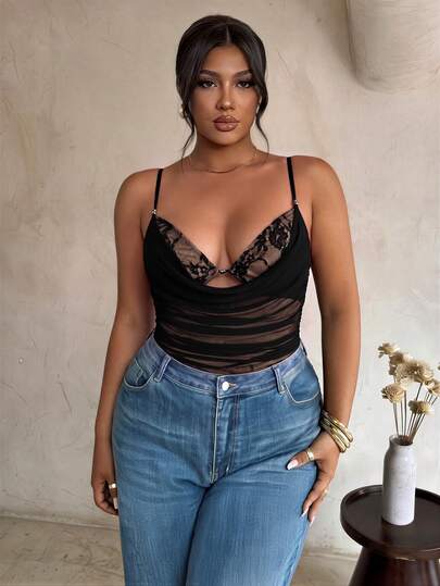 Firerie Plus Size Women Contrast Lace Mesh Ruched Sexy Camisole Elegant Party Bodysuit Women Daily Going Out Vacation Outfits For Women Elegant Lace Bodysuit