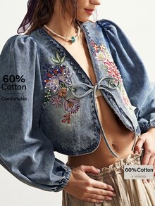 Bohemela Women's Vacation Floral Embroidery Lantern Sleeve Front Tie Fashionable Blouse - Blue - View 1