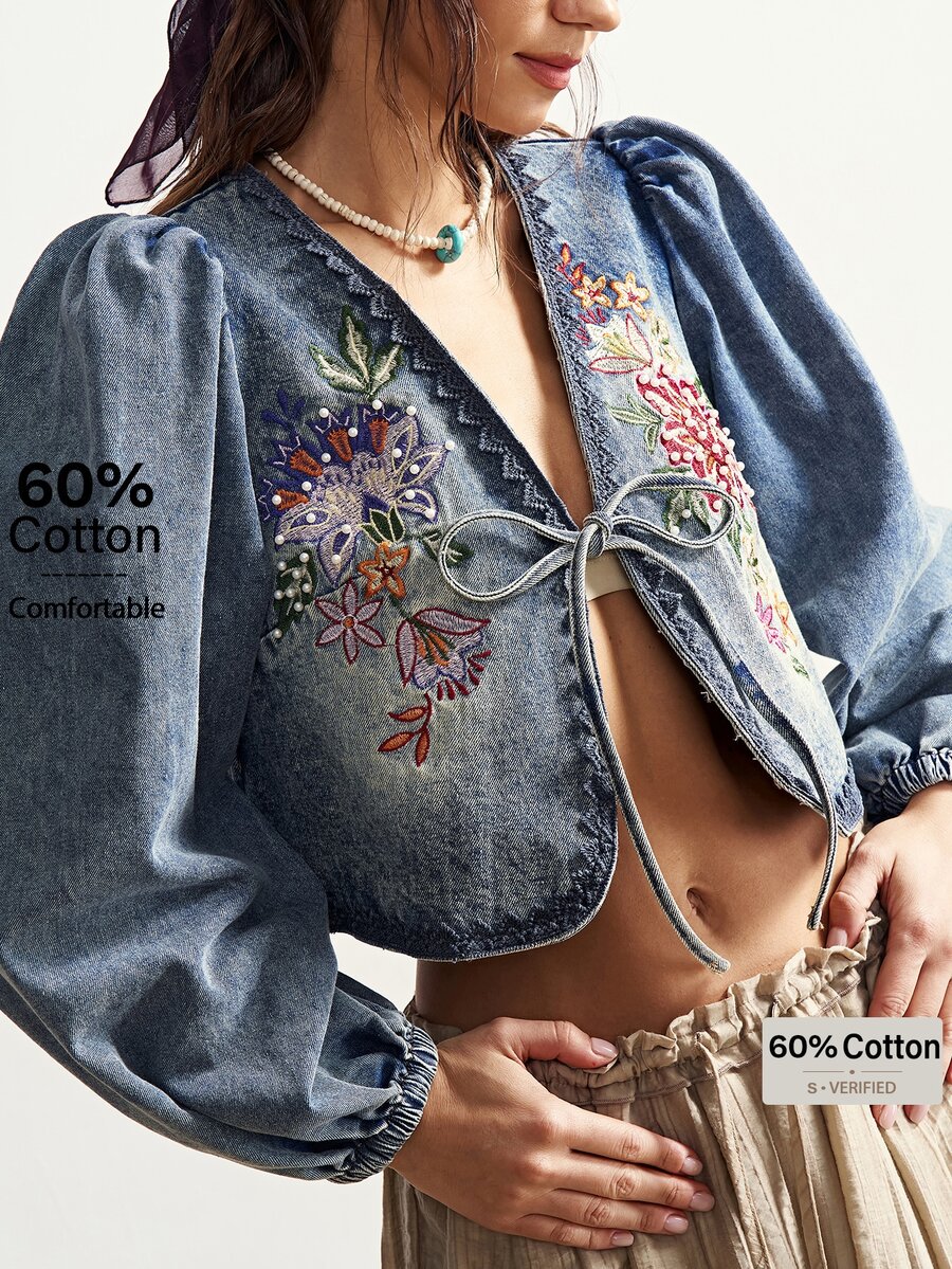 Bohemela Women's Vacation Floral Embroidery Lantern Sleeve Front Tie Fashionable Blouse - Blue - View 1