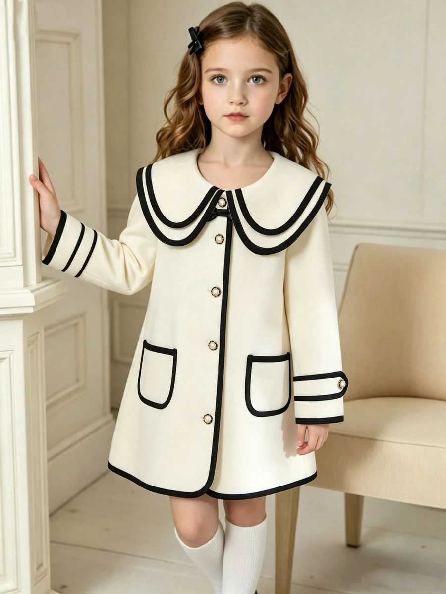 SHEIN Elladie kids 女童羊毛外套,時尚飾邊設計,3D蝴蝶結配珍珠鈕扣,適合日常穿搭,復古優雅可愛,秋冬款 - 白色 - 查看 1