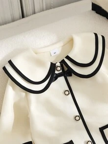 SHEIN Elladie kids 女童羊毛外套，時尚飾邊設計，3D蝴蝶結配珍珠鈕扣，適合日常穿搭，復古優雅可愛，秋冬款 - 白色 - 查看 6