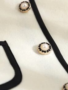 SHEIN Elladie kids 女童羊毛外套，時尚飾邊設計，3D蝴蝶結配珍珠鈕扣，適合日常穿搭，復古優雅可愛，秋冬款 - 白色 - 查看 3