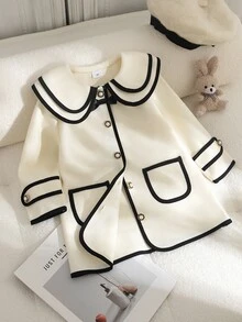 SHEIN Elladie kids 女童羊毛外套，時尚飾邊設計，3D蝴蝶結配珍珠鈕扣，適合日常穿搭，復古優雅可愛，秋冬款 - 白色 - 查看 7